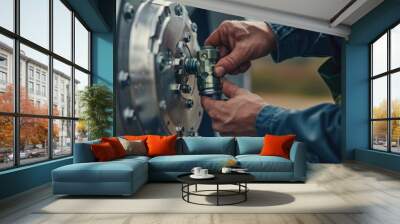 A man is working on a machine with a lot of nuts and bolts Wall mural