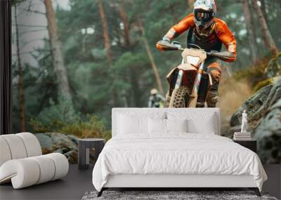 A man on a dirt bike is riding down a rocky hill Wall mural