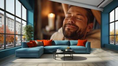 A mid-thirties man playfully winking at the camera while receiving a luxurious hand massage in a spa with classic decorations. Wall mural