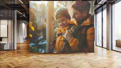 A parent helping their child get dressed for school, emphasizing the morning routine of preparing children for the day ahead. Wall mural