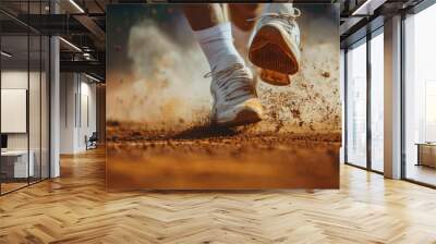 A person running in the dirt with white shoes and white socks Wall mural