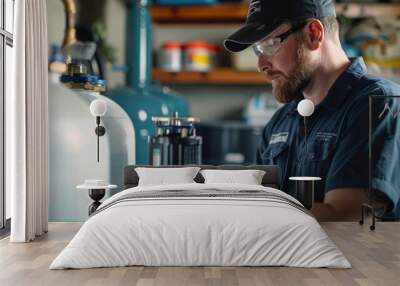 A plumber adjusting a water softener system in a family home. Wall mural