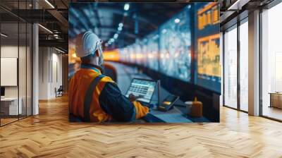 a rail transport logistics meeting, with engineers reviewing high-speed train schedules and routes on digital displays. Wall mural