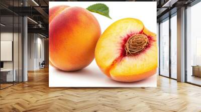 A ripe peach, with its fuzzy skin and juicy orange flesh, whole and sliced, isolated on a white background, showcasing its quality Wall mural