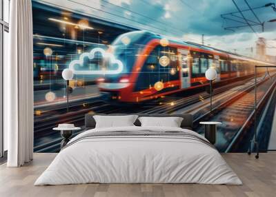 A train with a cloud symbol on it is moving down the tracks Wall mural