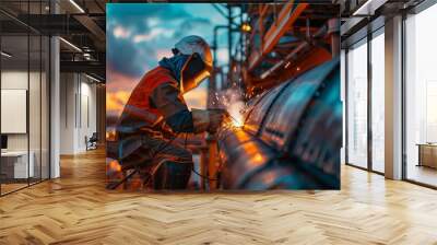 A welder at an oil refinery doing maintenance welding on a storage tank. Wall mural