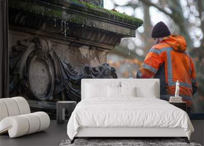 A worker in a fluorescent jacket cleaning a public monument, preserving its historical significance and appearance. Wall mural