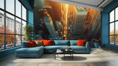 An aerial view of a financial district during sunset Wall mural