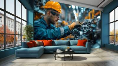 an automotive quality control inspector examining a car's engine part, in a modern manufacturing facility. Wall mural