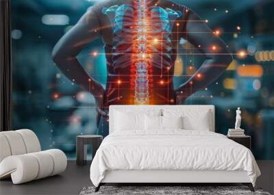 Close-up of a person lower back in pain, overlaid with a red hologram outline and bone pain chart Wall mural