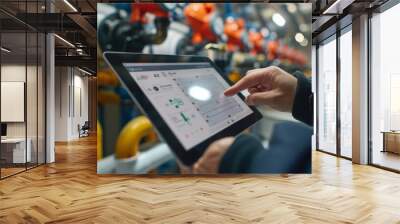 Close-up of a plumber using a tablet to diagnose a plumbing system through smart technology. Wall mural