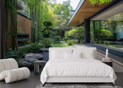 Contemporary home garden featuring a minimalist stone pathway, bamboo accents, and a serene ambiance Wall mural