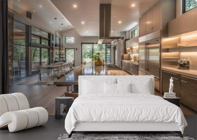 Contemporary kitchen featuring stainless steel appliances, a large island, and quartz countertops Wall mural