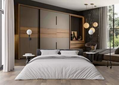 Contemporary wardrobe with sliding doors in a modern bedroom Wall mural