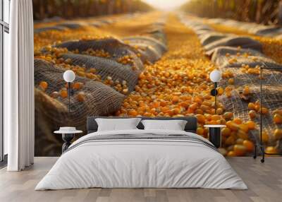 Corn being dried naturally under the sun, spread out on large nets. Wall mural