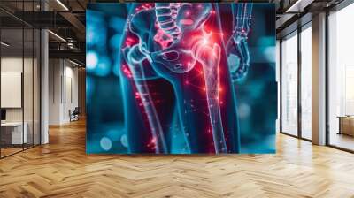 Detailed view of a person hip pain, overlaid with a red hologram and diagram of the hip joint Wall mural