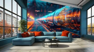 Double exposure of an oil pipeline overlaid with stock market trends and research data Wall mural