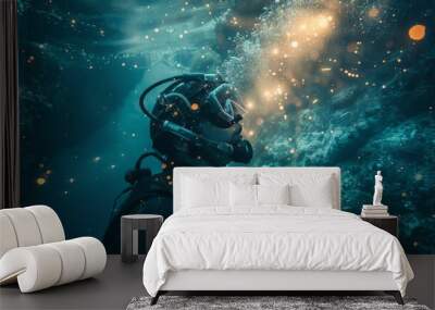 engineer laying fiber optic cables underwater, with marine life in the background Wall mural