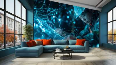 Engineer working on a fiber optic cable installation ship, overlaid with underwater cable networks Wall mural