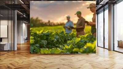 Farmers discussing organic crop planning with a digital tablet in the field. Wall mural