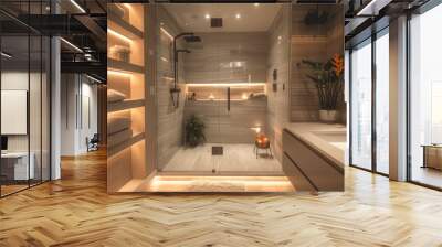 High-detail photo of a modern bathroom with a walk-in shower, built-in shelves, and sleek design Wall mural