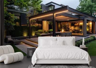 High-detail photo of a modern home garden with a sleek pergola, outdoor dining area, and integrated lighting Wall mural