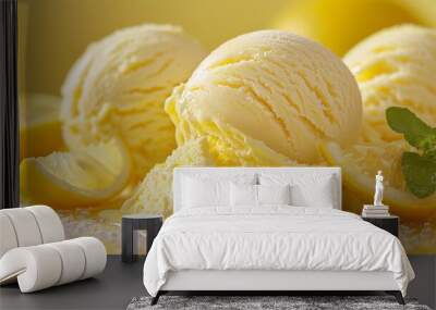 Lemon sorbet melting, its refreshing look against a light lemon yellow backdrop Wall mural