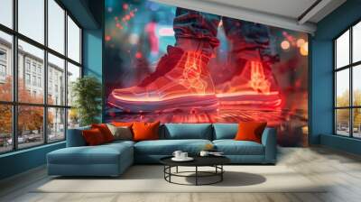 Man experiencing ankle pain, with a double exposure of a pain chart and red hologram illustration Wall mural