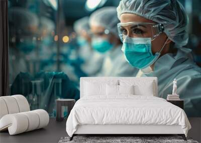 pharmaceutical team collaborating over a new drug formulation, wearing lab gear, in a clean manufacturing environment. Wall mural