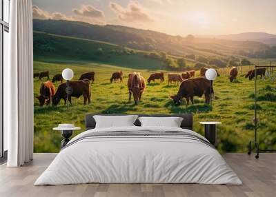 picturesque scenes of beef cattle grazing on lush pastures, highlighting the naturalness of the farming landscape Wall mural