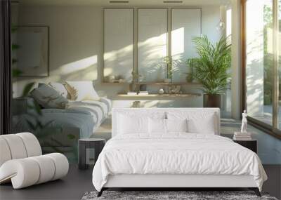 Realistic 3D image of a minimalist living room with the latest in modern decor, sunlight enhancing the clean aesthetics and white color theme. Wall mural