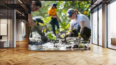 Reforestation Efforts, Volunteers planting mangrove trees, demonstrating restoration and conservation activities. Wall mural