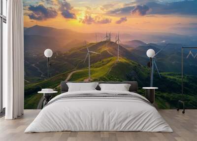 Renewable energy infrastructure, such as wind turbines and solar panels, as sustainable alternatives to mitigate the PM 2.5 dust crisis, maintaining naturalness in the portrayal of clean energy Wall mural