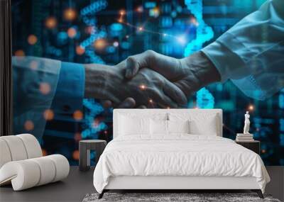 Researchers sealing a deal with a handshake, overlaid with genetic research data and investment graphs Wall mural