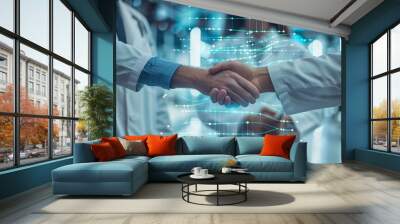 Researchers shaking hands in a biotech lab, overlaid with digital representations of genetic data Wall mural