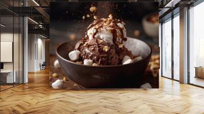 Rocky road ice cream melting, with marshmallows and nuts, against a dark chocolatey background lightened to fit the minimalist style Wall mural