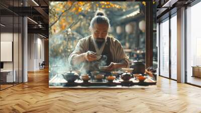 Tea master performing a traditional tea ceremony with precision and care in a tranquil setting. Wall mural