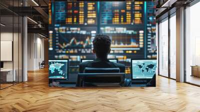 Team of analysts reviewing global financial markets on multiple screens in a network operations center. Wall mural