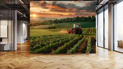 Tractor plowing a field at sunset, with a picturesque rural landscape in the background. Serene farming scene showcasing agricultural work. Wall mural