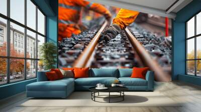 Two men in orange work clothes are working on railroad tracks Wall mural