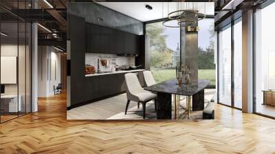 Black modern contemporary stylish kitchen room interior with luxury dining table and large window, 3d rendering  Wall mural