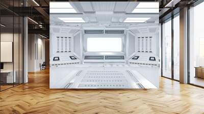 Futuristic Sci-Fi Hallway Interior with  Computer and Monitor Screen on Wall, 3D Rendering Wall mural