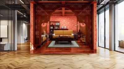 Interior of traditional Chinese style living room with furniture and wooden floor, 3d rendering Wall mural