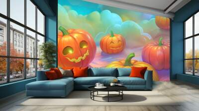 glowing pumpkins in a dreamy pastel cloud landscape, Halloween, Thanksgiving, Harvest Festival Wall mural