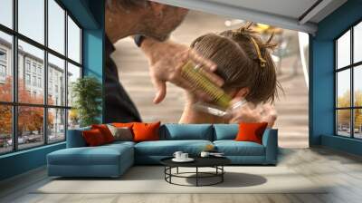 Hairdresser cutting a woman's hair. Wall mural