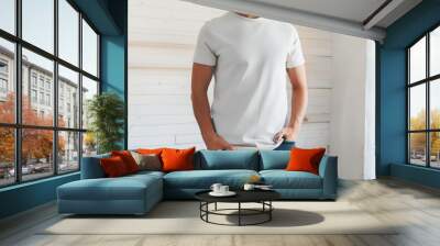 white T-shirt mockups, casual style set, outfit for man, white background Wall mural