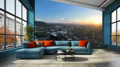 Beautiful 180 degree wide aerial panoramic view of Burbank, California looking west towards the Hollywood hills and the movie studios at sunset Wall mural