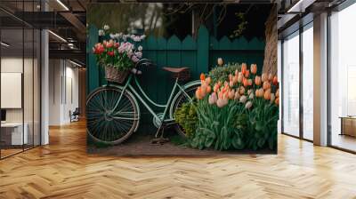 Beautiful bouquet of spring flowers in vintage style bicycle wooden crate. Space to place text. Wall mural