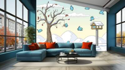 Birds in winter at a feeding station. Hand drawn vector illustration with separate layers. Wall mural