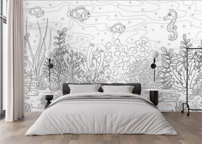 Coloring book underwater landscape. Hand draw vector illustration with separate layers. Wall mural